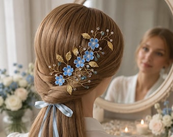 Blue Flower Bridal Hair Pins Set of 3, Something Blue Wedding Hair Pins, Gold leaves Hair Pins, Bridal Hair Accessories