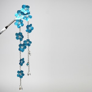 Forget-me-not Resin Japanese Tsumami Kanzashi Hair Stick Silver Hairpin Hairpiece Wedding Wire Wrapped Flowers Swarovski Crystals