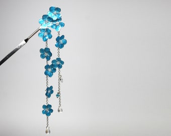 Forget-me-not Resin Japanese Tsumami Kanzashi Hair Stick Silver Hairpin Hairpiece Wedding Wire Wrapped Flowers Swarovski Crystals