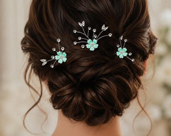 Mint Green Flower Bridal Hair Pins, Crystal Wedding Butterfly Accessories