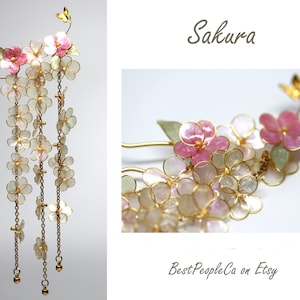 Sakura Resin Japanese Tsumami Kanzashi Hair Pin Stick Gold Wire Wrapped Flowers Swarovski Crystals Gift for Her