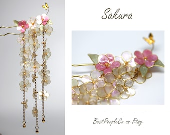 Sakura Resin Japanese Tsumami Kanzashi Hair Pin Stick Gold Wire Wrapped Flowers Swarovski Crystals Gift for Her