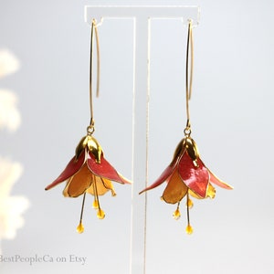 Handmade Flower Dangle Earrings: Red & Gold Epoxy Resin Petals