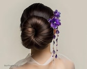 Resin Japanese Kanzashi Purple Flowers Hair Stick Silver