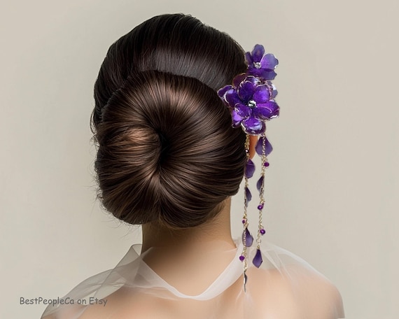 Resin Kanzashi Hair Stick: Purple Flower, Swarovski Crystals  display picture 2