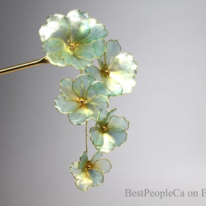 Hairpin Hair Stick Mint Gold Transparent Flowers Dangle Resin Japanese Kanzashi Gold Wire Wrapped