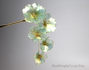 Hairpin Hair Stick Mint Gold Transparent Flowers Dangle Resin Japanese Kanzashi Gold Wire Wrapped