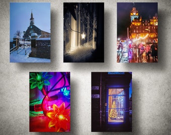 May include: Five different images of Christmas lights and decorations. The first image shows a church with snow on the ground. The second image shows a close-up of Christmas lights with a star in the background. The third image shows a street scene with Christmas lights and people walking. The fourth image shows a close-up of Christmas lights with a red, green, and blue color scheme. The fifth image shows a window with a Christmas tree inside.