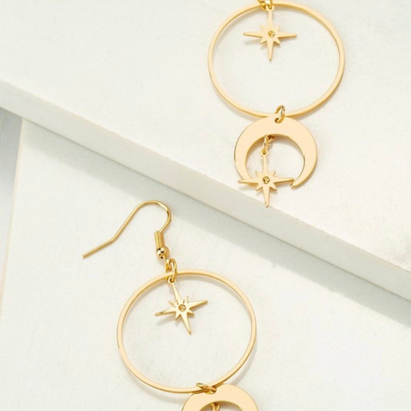 Lunar Luminary: Moon, Star, and Hoop Drop Earrings