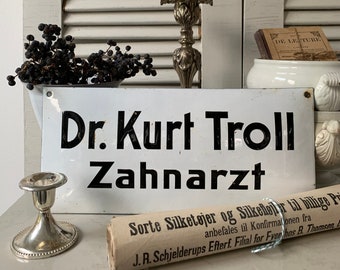 Enseigne en émail ALLEMAND dentiste « Dr. Kurt Troll », émail original, enseigne murale, enseigne en émail, millésime, 1920