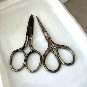 May include: Two antique silver scissors with ornate handles and pointed blades rest on a white, scalloped-edge dish. The scissors have a vintage, worn appearance, suggesting age and use. The blades are closed, and the handles feature decorative detailing.