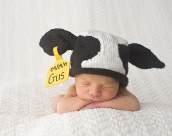 Knitted Newborn Cow Hat  Pattern with Identification Tag