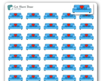 May include: A sheet of 49 blue couch stickers with a red heart on each couch. The stickers say "Get Sheet Done I Got This!" at the top.