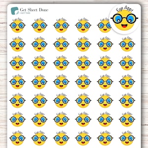 May include: Thirty-six yellow circle stickers with a cartoon face wearing blue glasses and the text "Eye Appt".
