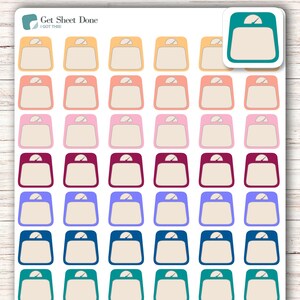 May include: A sheet of 36 colorful weight scale stickers. The stickers are in various colors, including yellow, orange, pink, red, purple, blue, teal, and green. Each sticker features a simple outline of a weight scale with a dial in the center.
