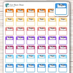 May include: Thirty-six colorful square stickers with a white sneaker graphic and the word "Steps" printed on each. The stickers are in six different colors: orange, yellow, pink, purple, blue, and light blue.