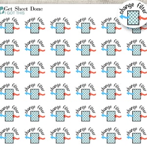 May include: Thirty-six blue and white change filter reminder stickers with red arrows. Each sticker has the text "change filter" written around the filter icon.