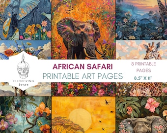 Safari Adventure Printable Junk Journal Pages with Elephants & Giraffes - Scrapbook Ephemera