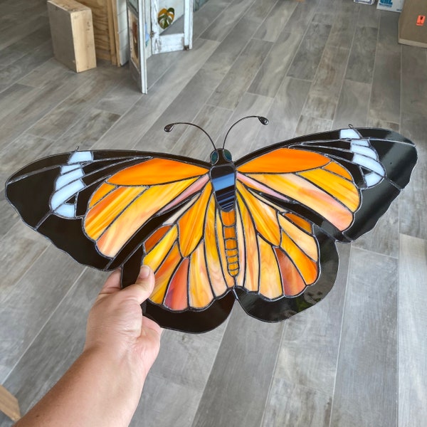 Handcrafted stained glass monarch butterfly panel, unique window hanging, special gift idea, nature home decor, handmade glass art