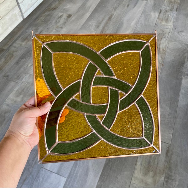 Handcrafted stained glass celtic know panel in amber and olive green, unique window hanging, Irish home decor, traditional gift idea