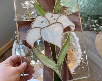 Handcrafted stained glass panel with cross and white lily, easter home decor, religious window or wall hanging, spring, hope, gift idea