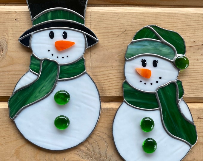 Handcrafted Stained Glass Snowman Suncatcher in Green, Christmas ...
