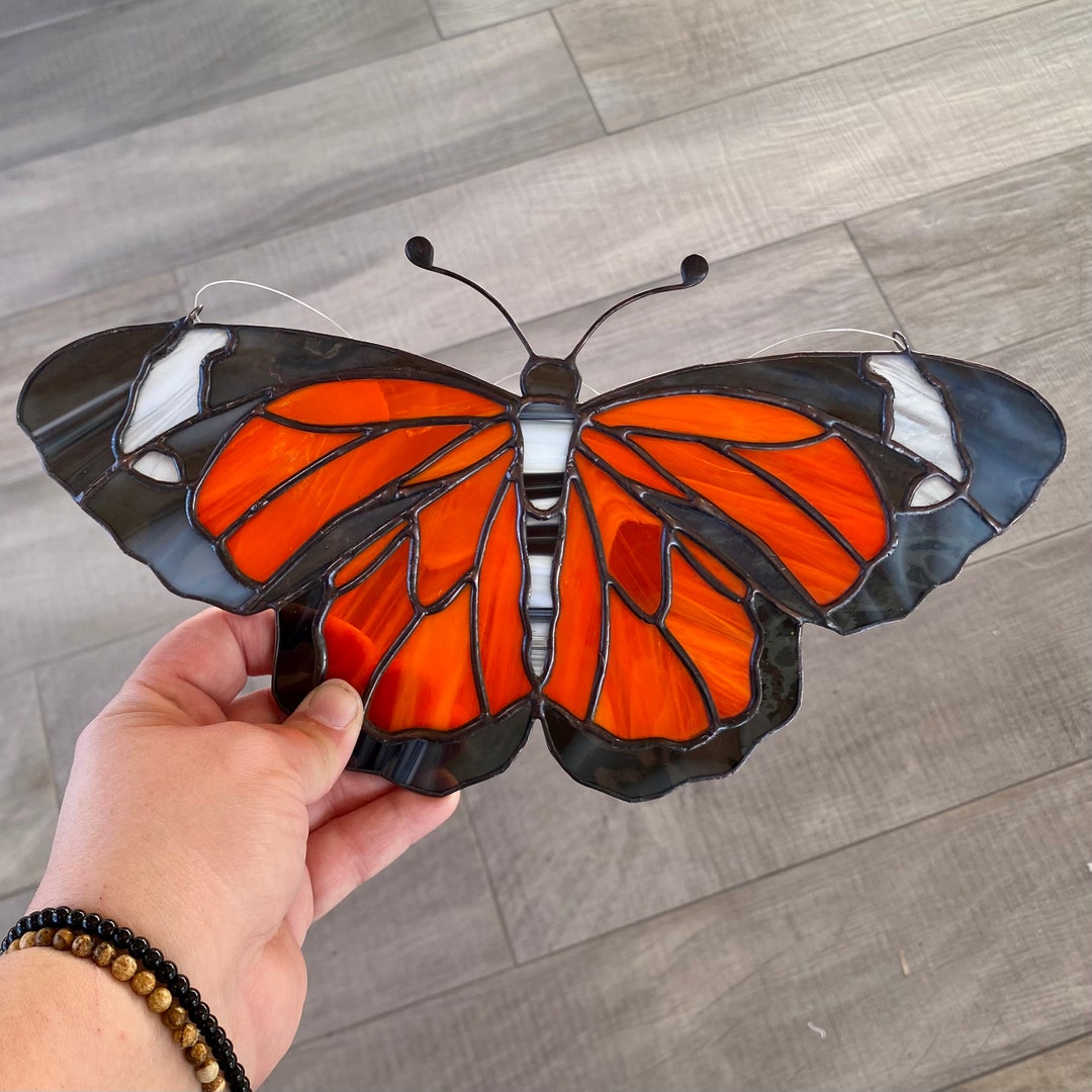 Handcrafted Stained Glass Monarch Butterfly in Translucent Orange Wispy