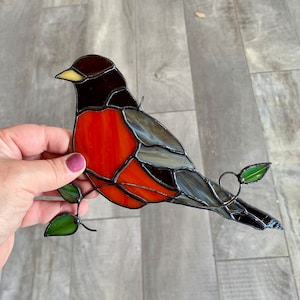 Handcrafted stained glass robin suncatcher with branch, nature home decor or gift idea, window or wall hanging, birding