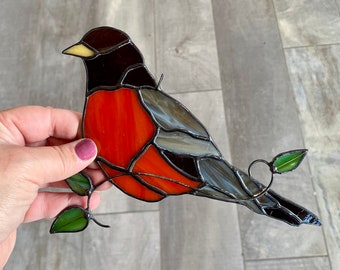 Handcrafted stained glass robin suncatcher with branch, nature home decor or gift idea, window or wall hanging, birding