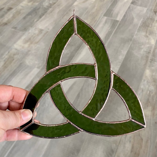 Handcrafted stained glass trinity celtic knot suncatcher in antique olive green cathedral glass, traditional home decor, unique gift idea