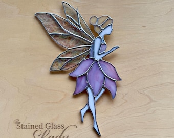 Handcrafted stained glass standing fairy in pink and blonde, whimsical home or garden decor, magical window hanging or plant stake