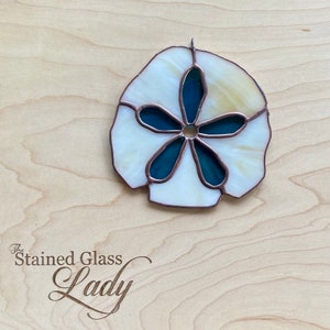 Handcrafted stained glass sand dollar Suncatcher in Ivory and Teal, beachy gift idea, ocean home decor, marine window hanging