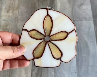 Handcrafted ivory and iridescent amber stained glass sand dollar suncatcher, beachy gif idea, coastal home decor, ocean window hanging