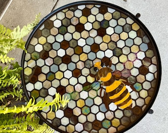 Handcrafted honeycomb mosaic tray table with honeybee in amber, unique garden art, nature home or garden decor