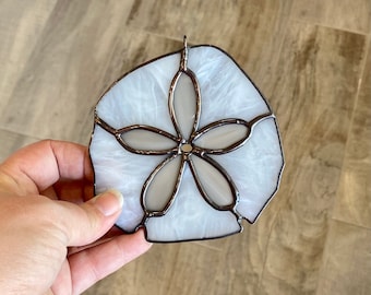 Handcrafted stained glass Sand dollar suncatcher in ivory and bronze, coastal home decor, gift idea, wedding favor, beachy window hanging