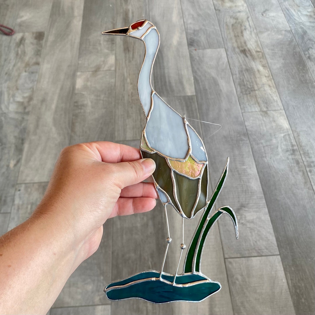 Handcrafted Stained Glass Sandhill Crane Suncatcher, Unique Gift Idea