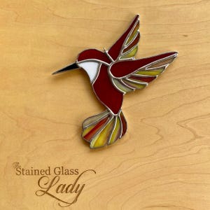 Handcrafted stained glass hummingbird suncatcher in red and yellow, unique window or wall hanging, birding gift idea, nature home decor