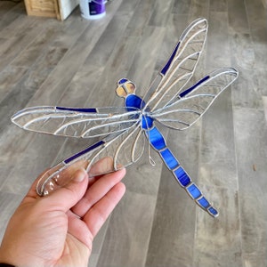 Dimensional Dragonfly stained glass suncatcher in blue, handcrafted art glass window hanging or home decor, unique gift idea