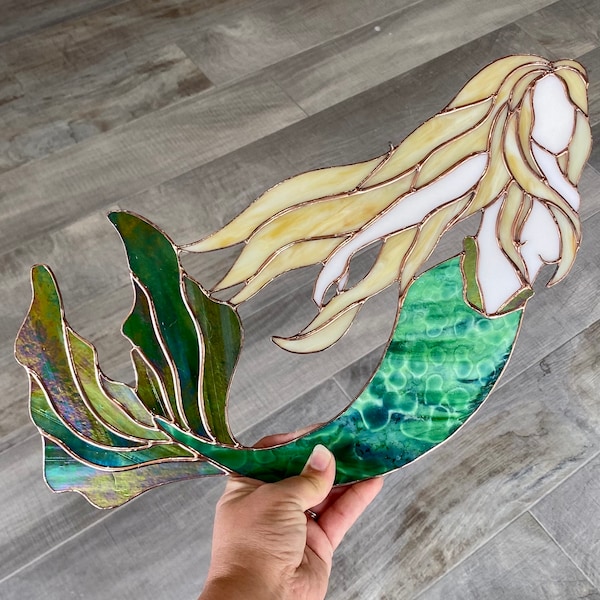 Handcrafted stained glass mermaid suncatcher in green and white, coastal home decor, beachy window hanging, ocean gift idea, unique art