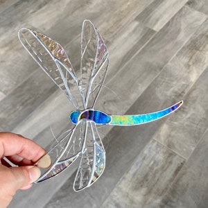 Dragonfly stained glass suncatcher in green iridescent, handcrafted art glass window hanging or home decor, unique gift idea