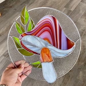 Handcrafted whimsical stained glass mushroom panel in red and white, forager home decor, window or wall hanging, unique gift idea,