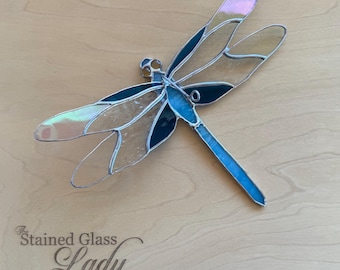 Handcrafted stained glass 3d dragonfly suncatcher in aqua, unique garden or home decor, nature gift idea, entomology window hanging