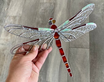 Dimensional stained glass dragonfly suncatcher in red, handcrafted art glass window hanging or home decor, unique gift idea