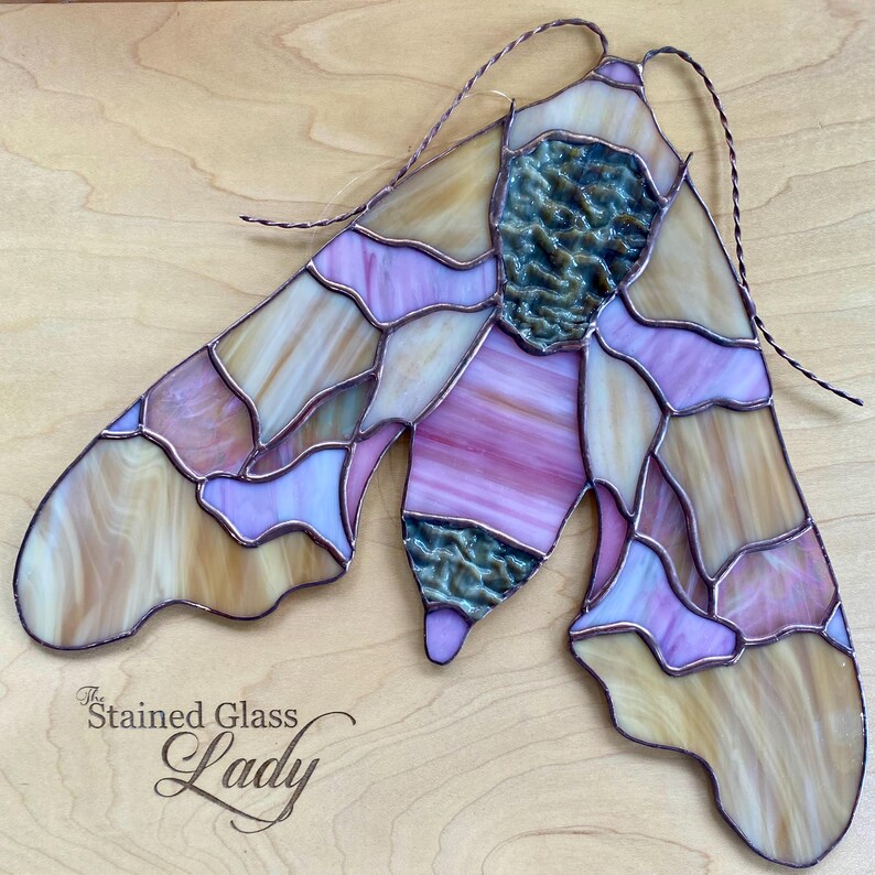 Handcrafted Stained Glass Moth Suncatcher in Pink and Tan, Nature Home ...