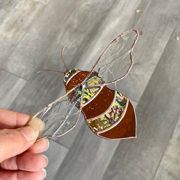 Handcrafted stained glass honeybee Suncatcher in dark amber and iridescent, beekeeping home decor or gift idea,unique window or wall hanging