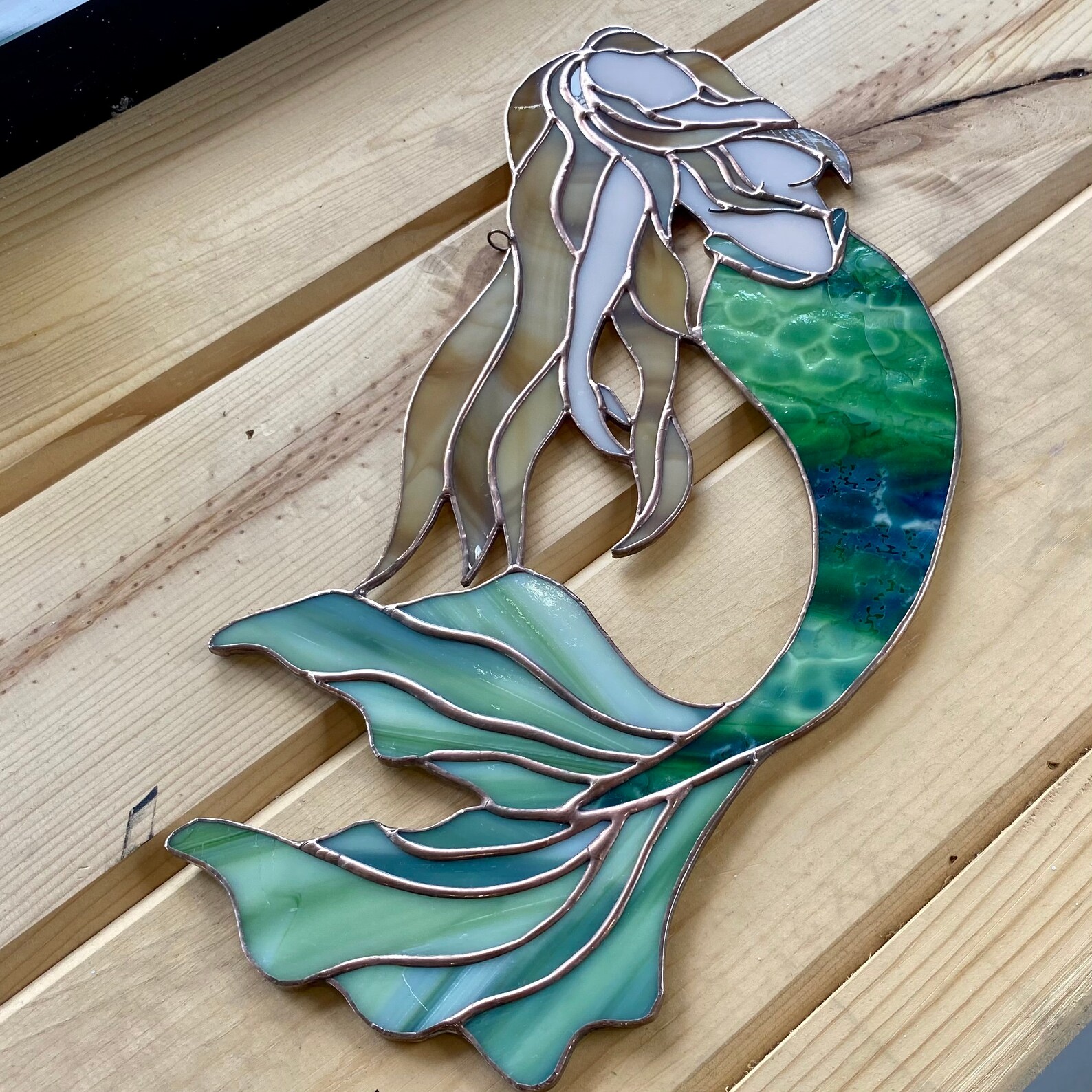 Handcrafted stained glass mermaid suncatcher in green Etsy