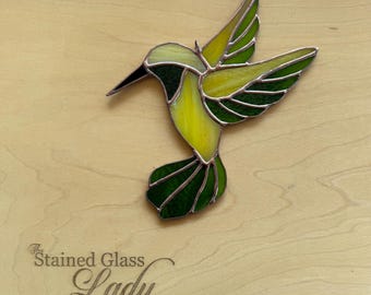 Handcrafted stained glass hummingbird in yellow iridescent and green, unique home decor, birding gift idea, nature window hanging
