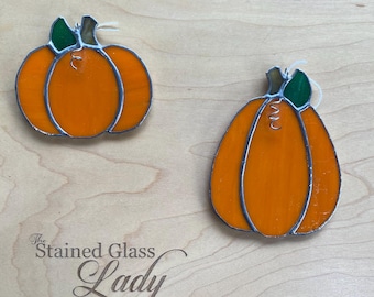 Handcrafted stained glass mini pumpkin or squash suncatcher in orange opal, autumn home decor, fall window hanging, seasonal gift idea