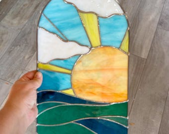 Handcrafted stained glass ocean sunrise panel, unique window or wall hanging, coastal home decor, beachy gift idea