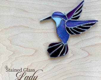 Handcrafted stained glass hummingbird suncatcher in purple and cranberry, unique gift idea, Mother’s Day, nature window or wall hanging